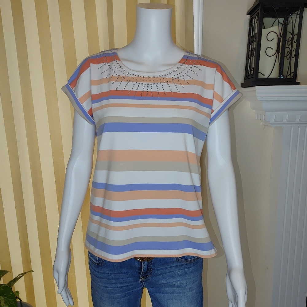 ALFRED DUNNER PETITE STRIPED BEADED TOP SP